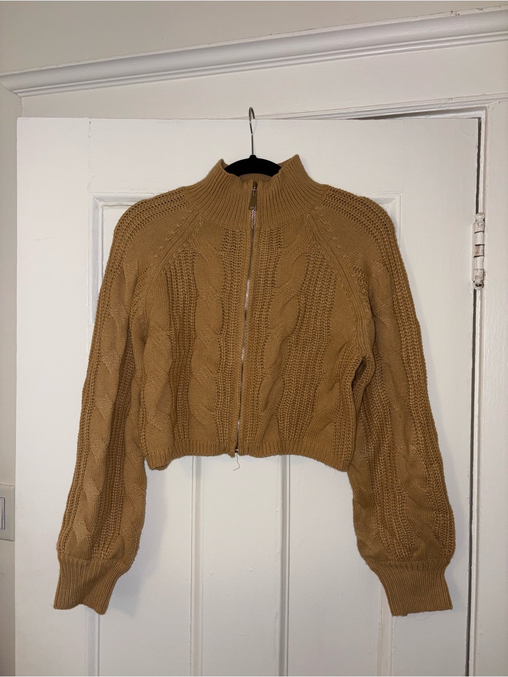 Cider Cropped Cable-Knit Zip Turtleneck Sweater - Camel